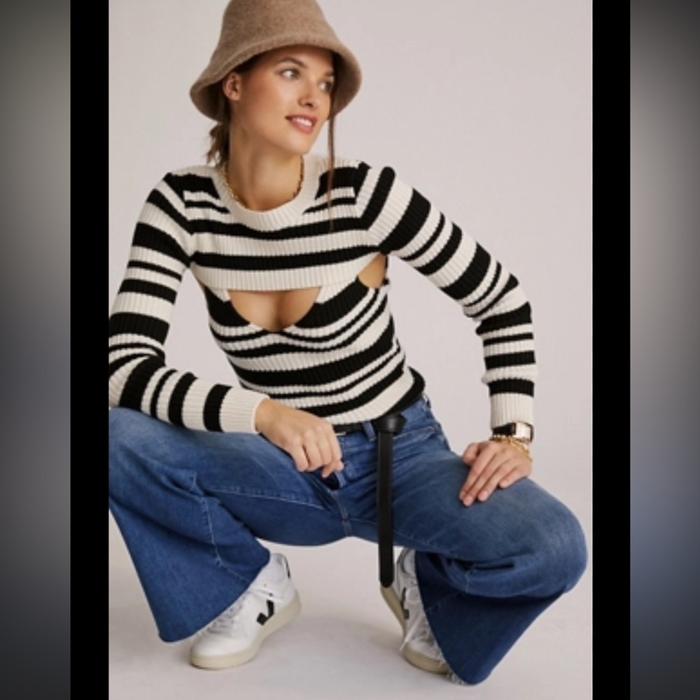 Anthropologie Maeve Black and White Striped Sweater Shrug Set - Picture 1 of 6